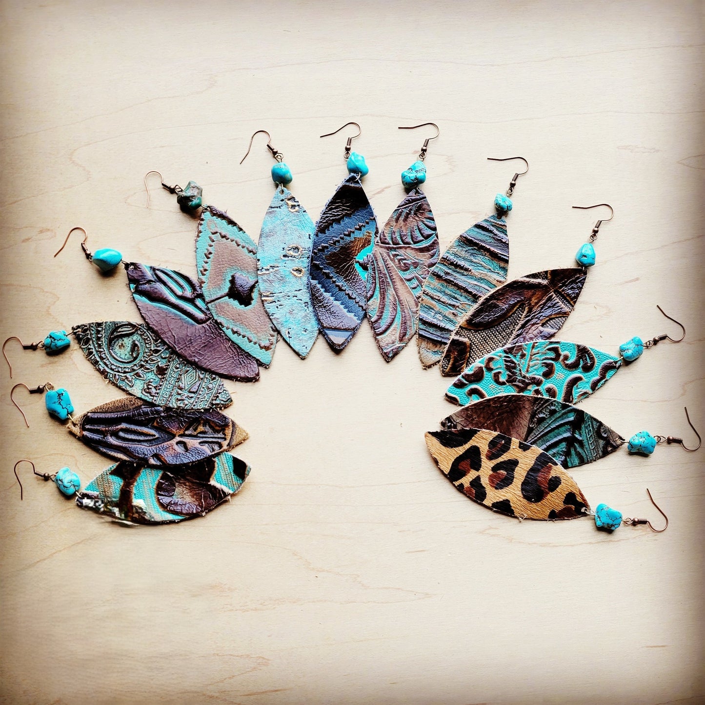 **Leather narrow Oval Earrings in Leopard w/ Turquoise Accent 206u