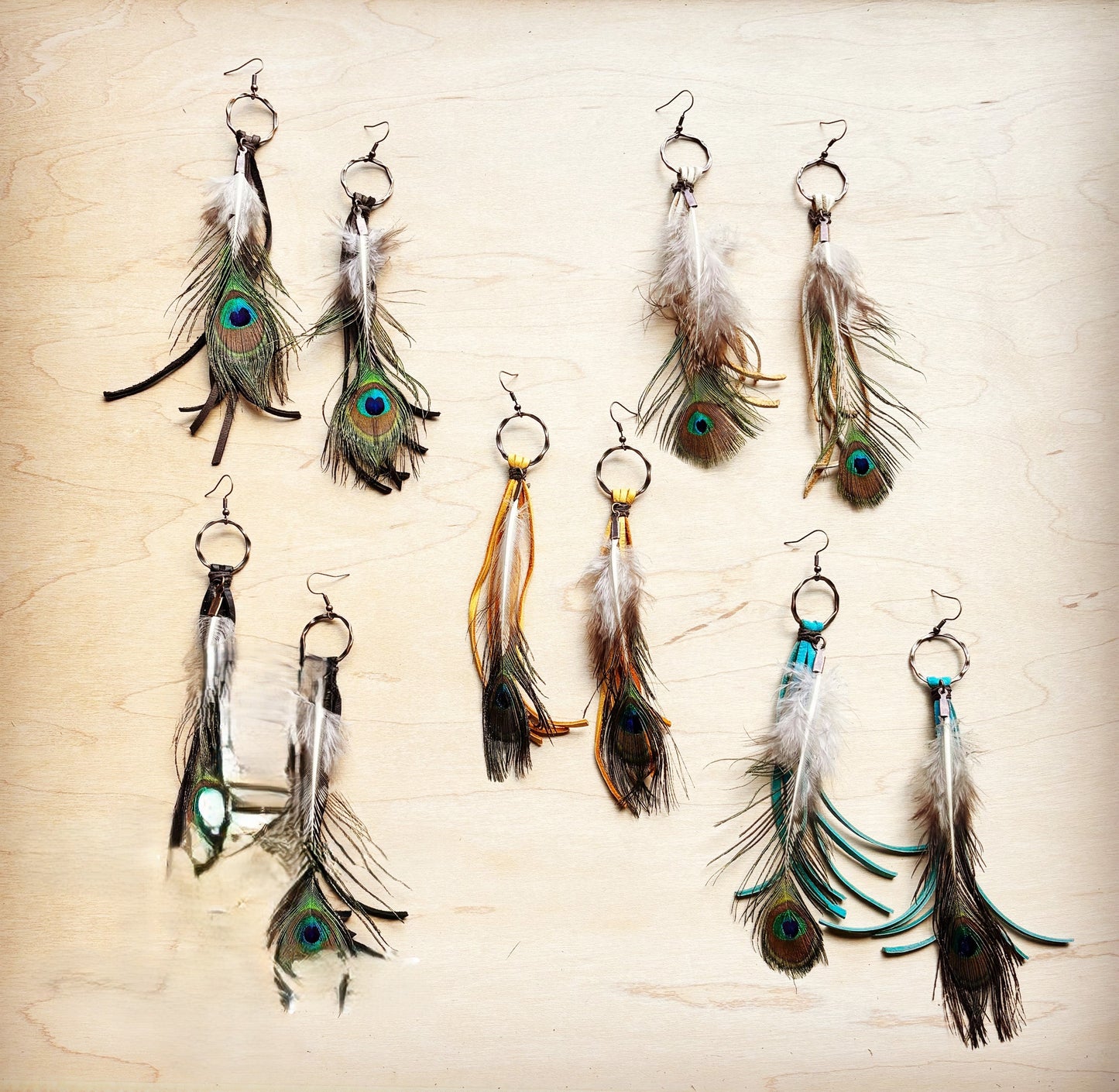 Bone Deer Skin Leather Tassel Earring Peacock Feather 219k