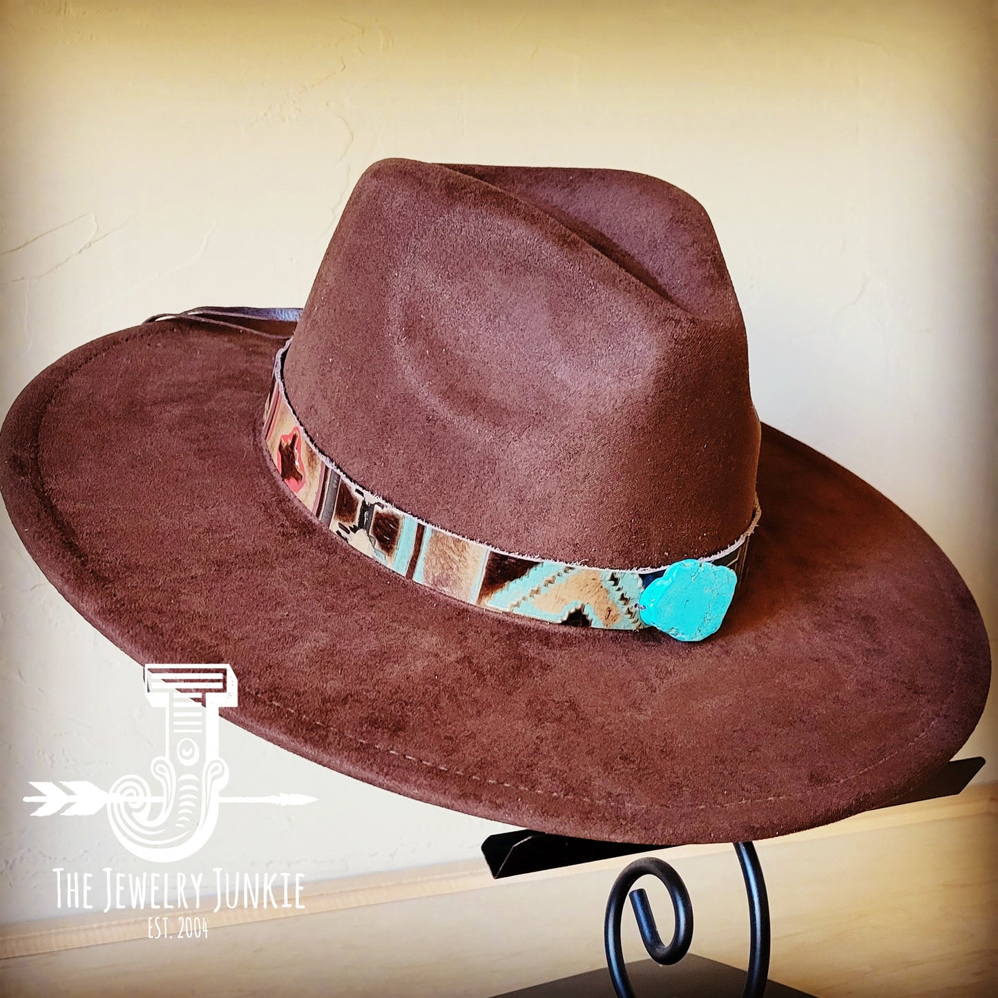 Boho Western Felt Hat w/ Choice of Leather Hat Band w/ Turquoise Slab-Brown 980h