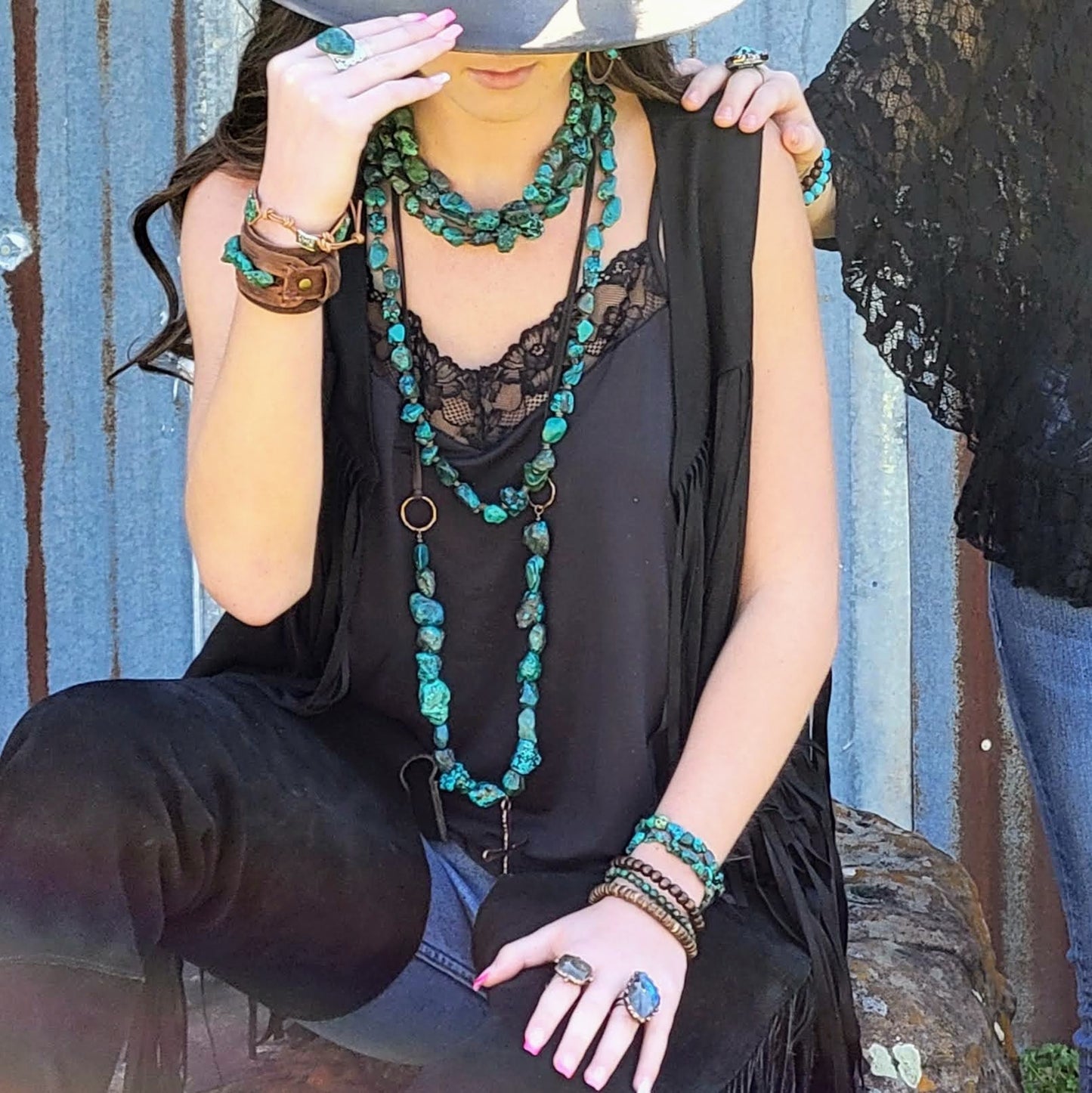 Large Triple Strand Natural Turquoise & Wood Collar Necklace 252x