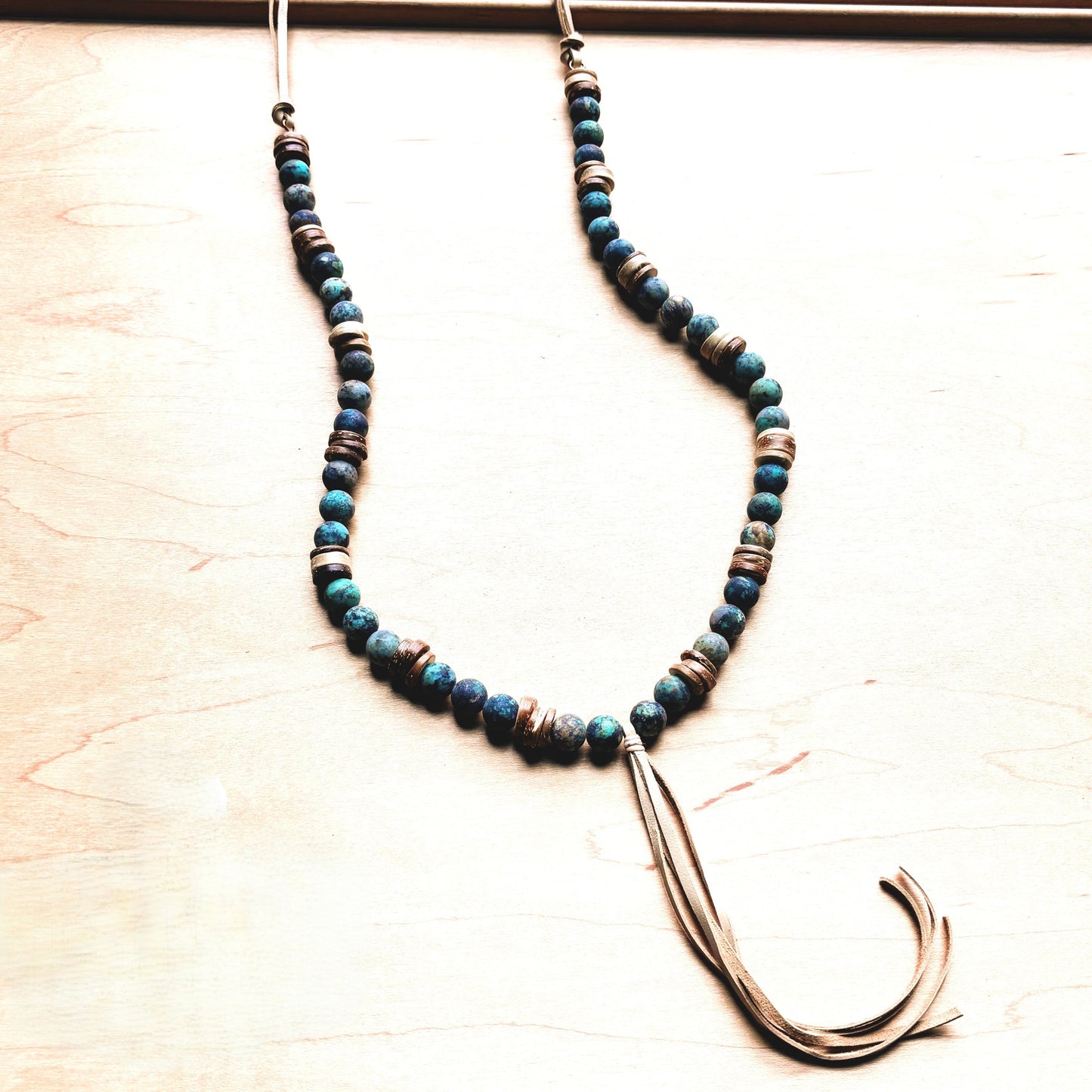 Frosted African Turquoise Necklace Wood Beads Leather Tassel 257z