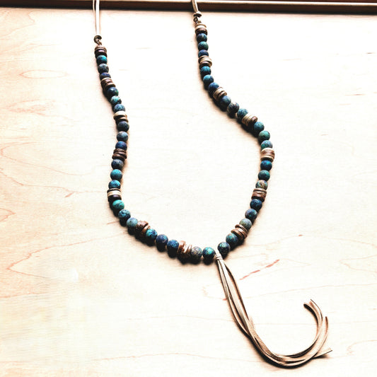 Frosted African Turquoise Necklace Wood Beads Leather Tassel 257z