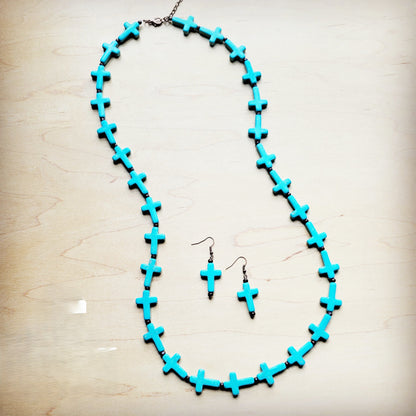Blue Turquoise & Wood Beaded Cross Necklace 258n