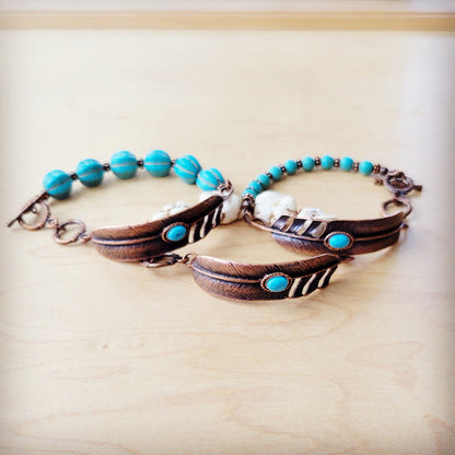 Blue Melon Turquoise Beaded Bracelet on Copper Feather 810u