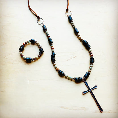 Aqua Terra Wood Necklace with Copper Cross 237d