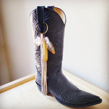 Boho Western Boot Bling Charm with Leather Fringe 500b