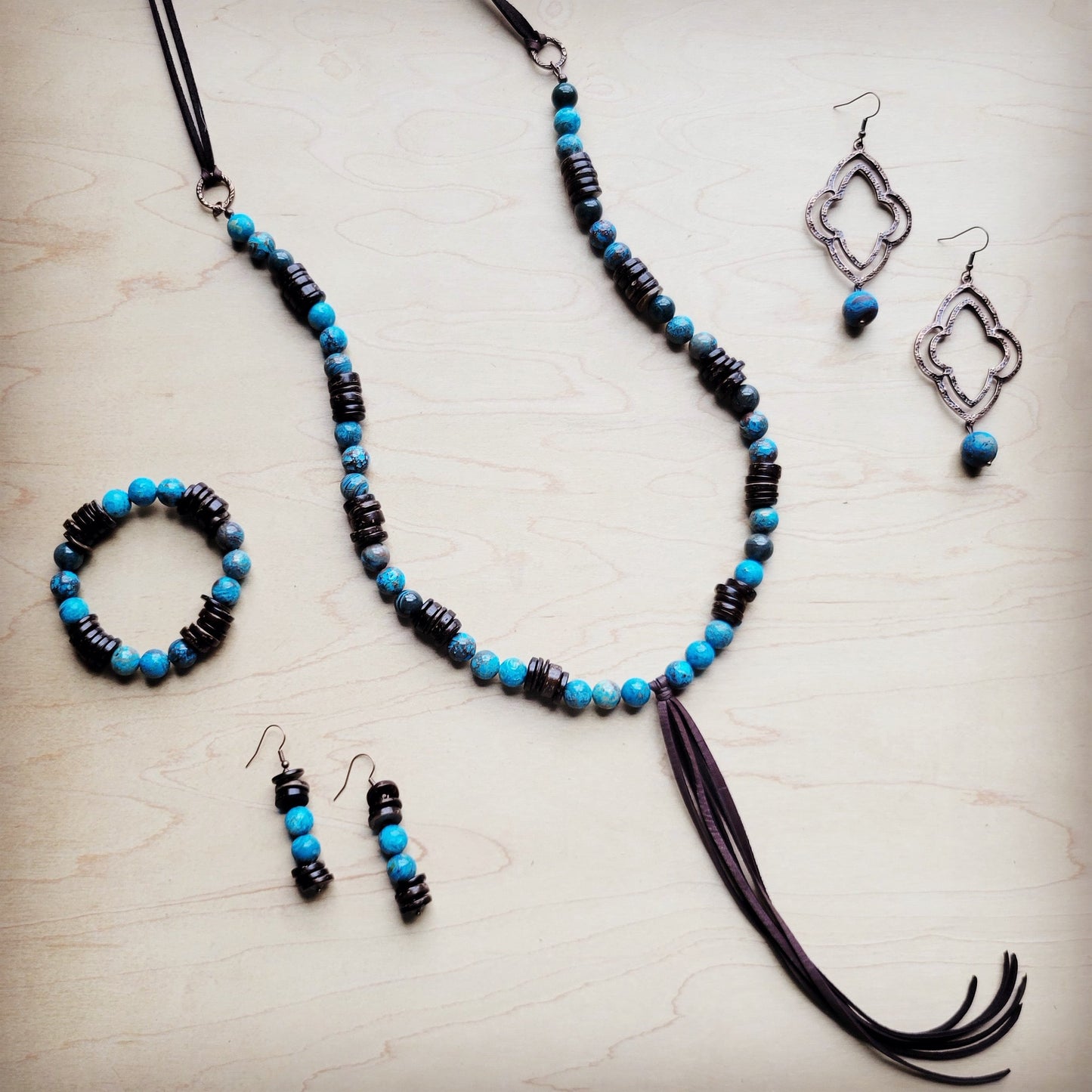 Ocean Agate and Wood Drop Earrings 225c