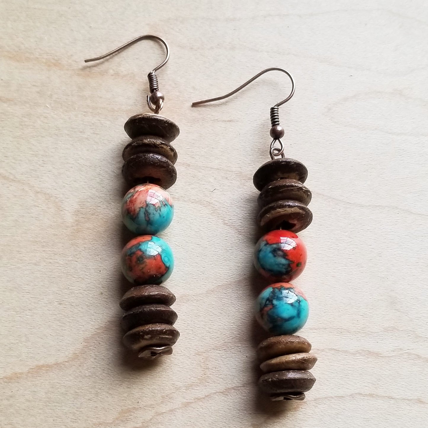 Multi-Colored Turquoise and Wood Earrings (223D)