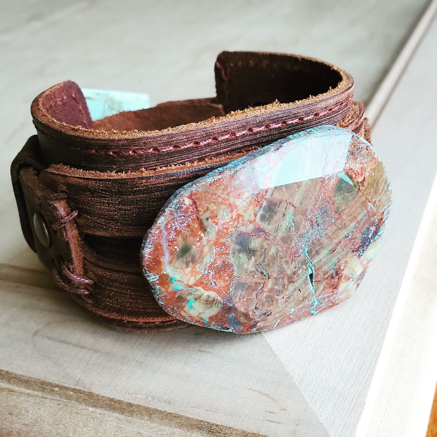 Genuine Leather Wide Cuff Bracelet w/ Ocean Agate Slab 004C