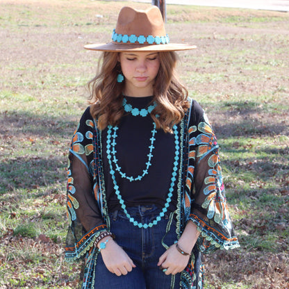 Blue Turquoise & Wood Beaded Cross Necklace 258n